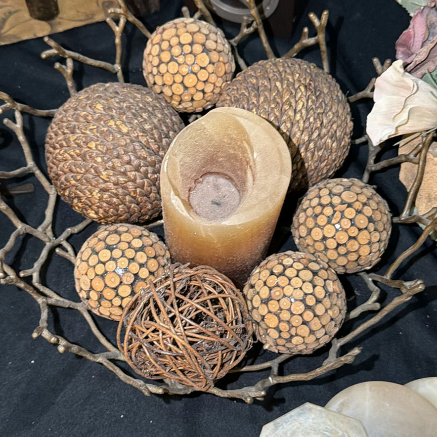 Decorative still life: antique trunk, candles, and dried floral arrangement - image 6 of 9