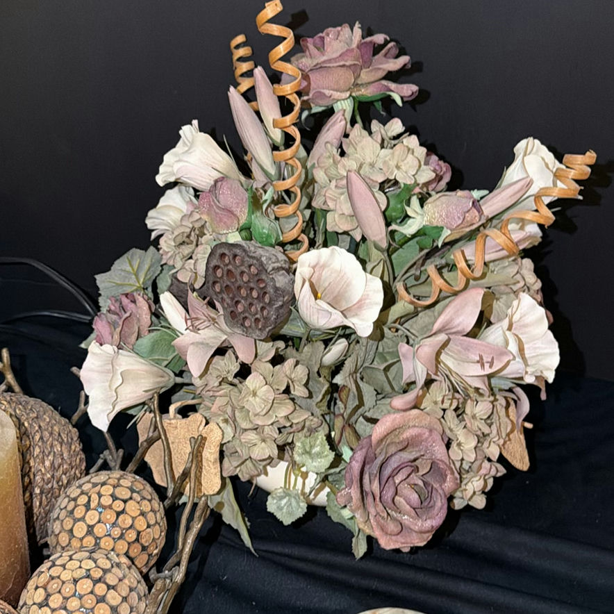 Decorative still life: antique trunk, candles, and dried floral arrangement - image 9 of 9