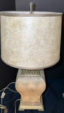 Pair of gold-toned textured table lamps with beige drum shades - thumbnail 2 of 6