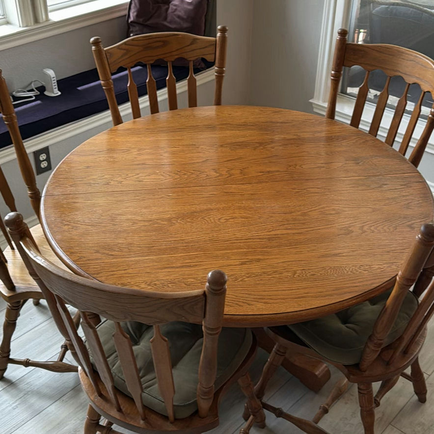 Round Oak Dining Table with Six Spindle Chairs - image 1 of 6