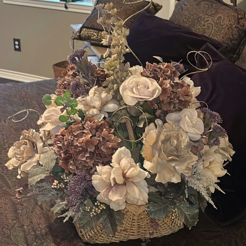 Decorative mirrors, butterfly wall art, and floral basket arrangement - image 5 of 6
