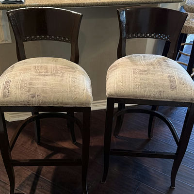Pair of dark wood counter stools with upholstered seats - Image 1 of 6