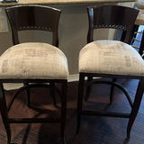 Pair of dark wood counter stools with upholstered seats - thumbnail 1 of 6