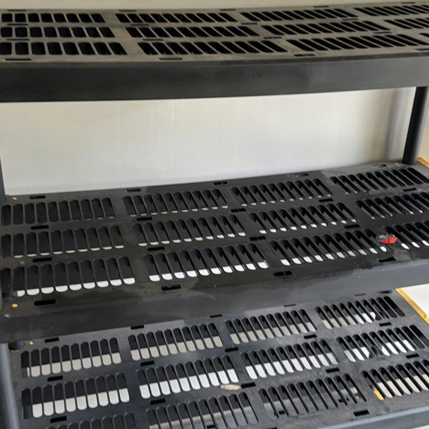 Black multi-tier shelving units with yellow corner brackets - image 5 of 5