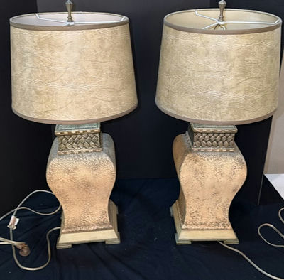 Pair of gold-toned textured table lamps with beige drum shades - Image 1 of 6
