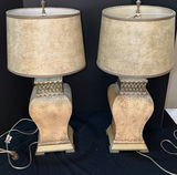 Pair of gold-toned textured table lamps with beige drum shades - thumbnail 1 of 6