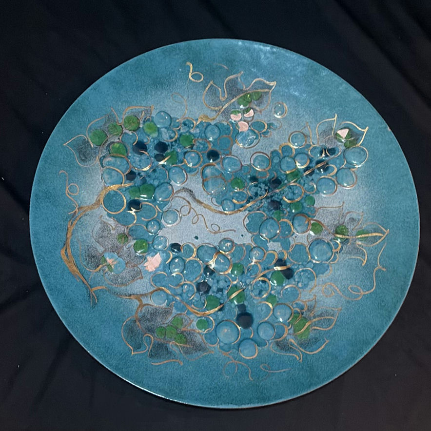 Blue enamel-on-copper decorative plate with gold scroll motif - image 1 of 6