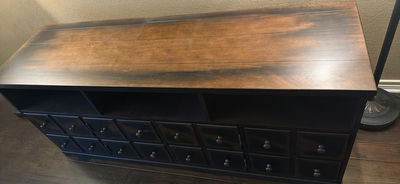 Dark wood console/sideboard with multiple drawers and central cabinets - Image 1 of 5