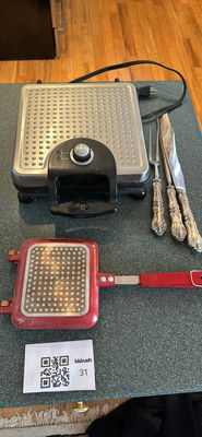 Electric Waffle Maker, Stovetop Grill Press, and Three-Piece Carving Set - Image 1 of 5