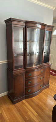 Wooden Display Cabinet with Decorative Trays, Basket, and Glass Plates - Image 1 of 3