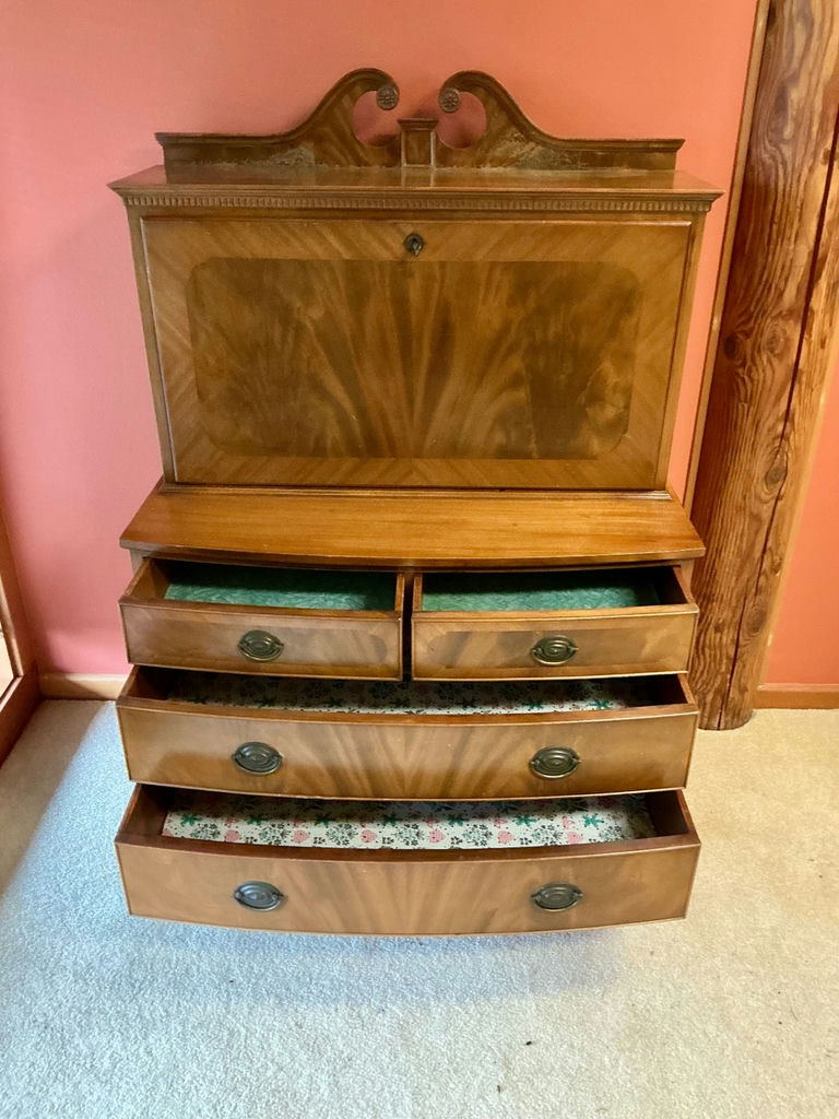 Antique wooden secretary desk with upper cabinet and interior pigeonholes - image 5 of 5