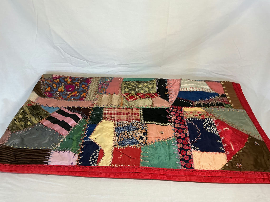 Antique silk patchwork quilt with embroidery. - image 12 of 14