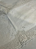 Vintage white embroidered linen tablecloth with lace trim and matching napkins - thumbnail 4 of 5