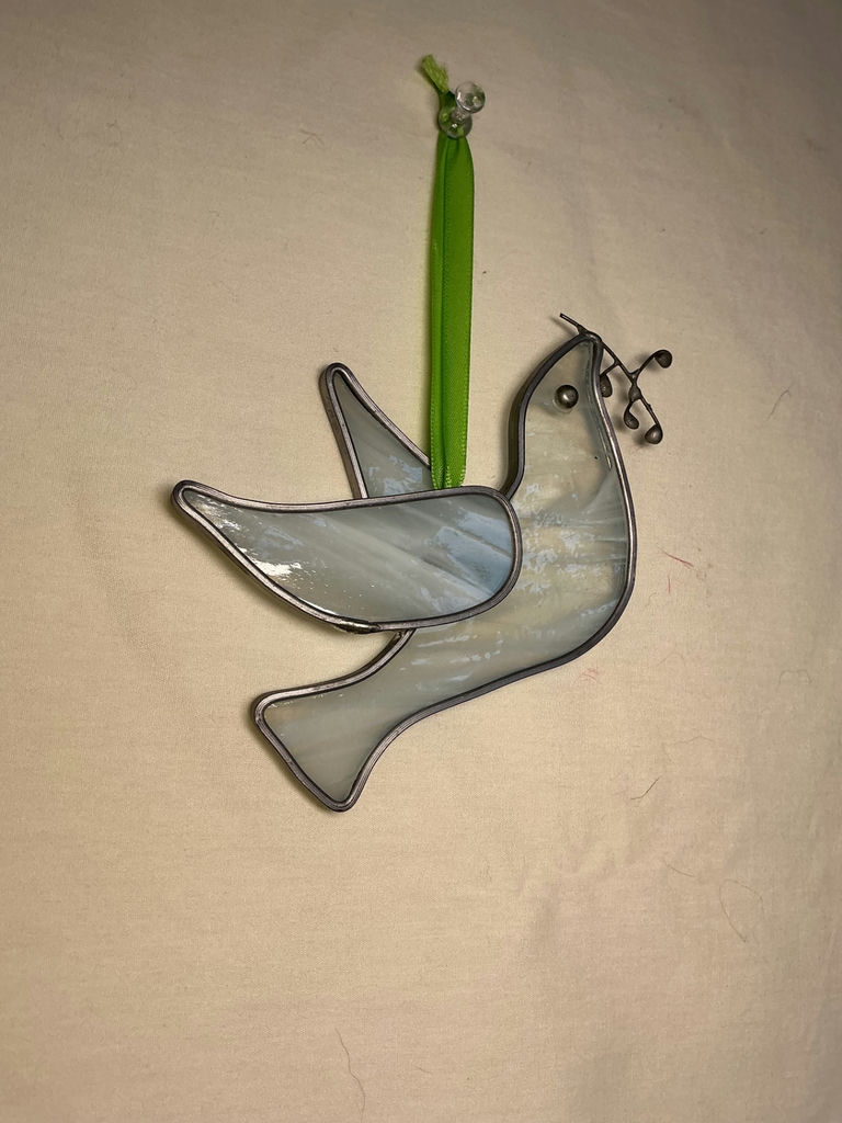 Glass Ship-in-a-bottle glass display with Santa Maria plaque and hanging stained-glass dove. - image 3 of 3