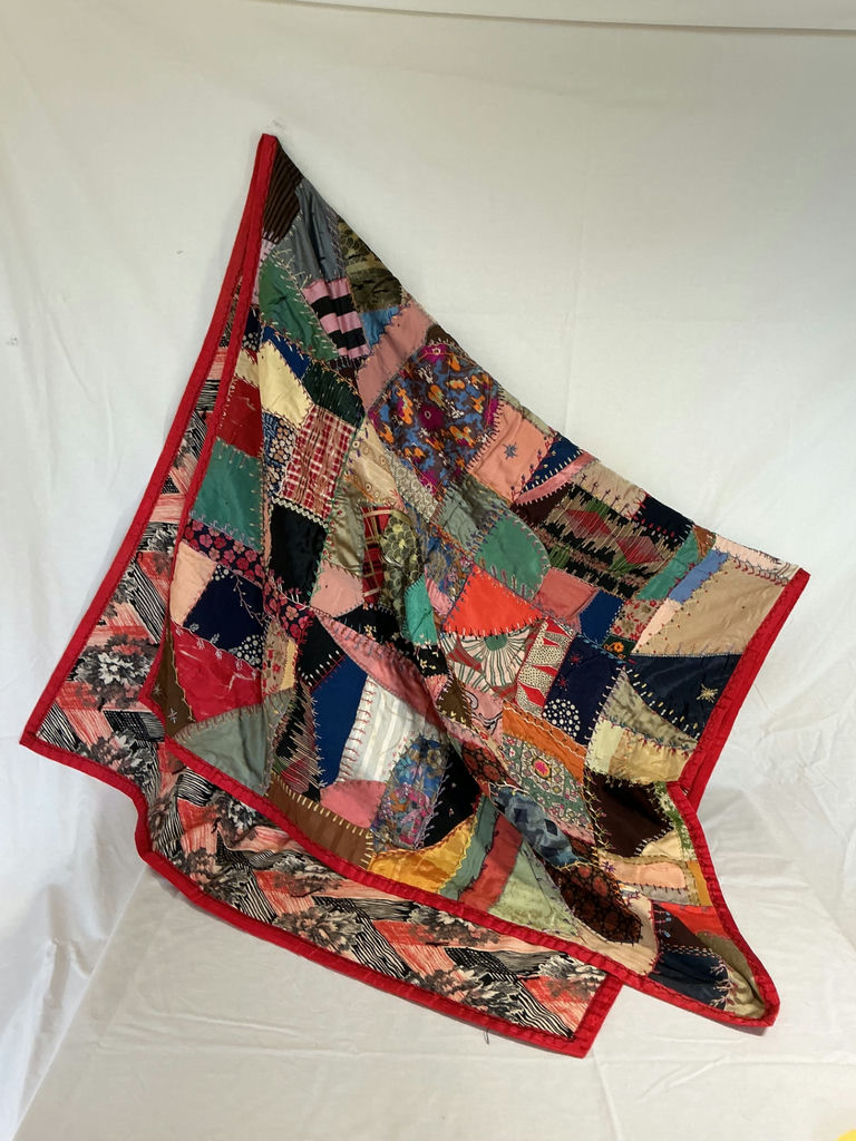 Antique silk patchwork quilt with embroidery. - image 1 of 14