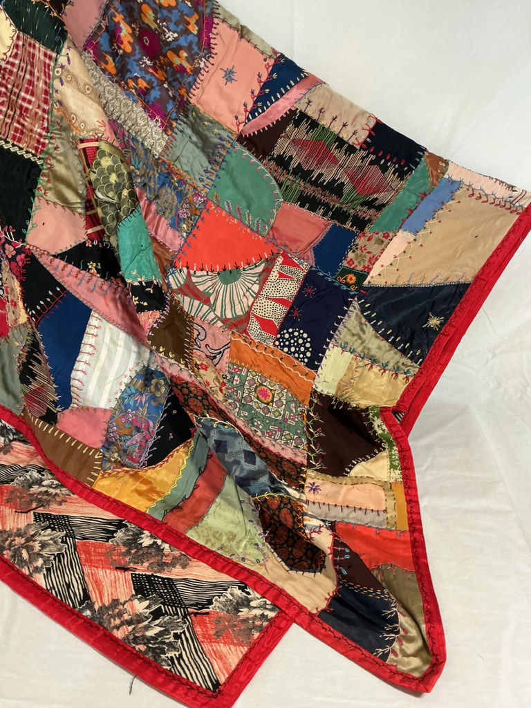 Antique silk patchwork quilt with embroidery. - image 3 of 14