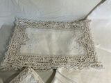 Vintage white embroidered linen tablecloth with lace trim and matching napkins - thumbnail 2 of 5