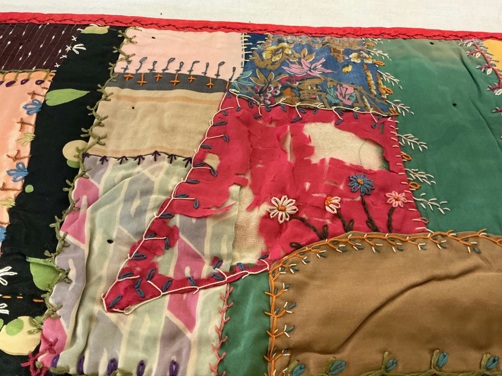 Antique silk patchwork quilt with embroidery. - image 6 of 14
