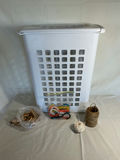 White plastic laundry hamper with lid and assorted craft materials - thumbnail 1 of 4