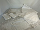 Vintage white embroidered linen tablecloth with lace trim and matching napkins - thumbnail 1 of 5
