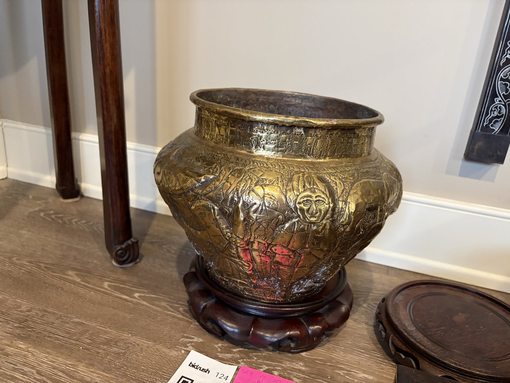 Ornate Brass Planter on Wooden Stand - image 1 of 6