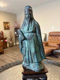 Bronze Chinese scholar with scroll on a carved wooden stand - thumbnail 3 of 11
