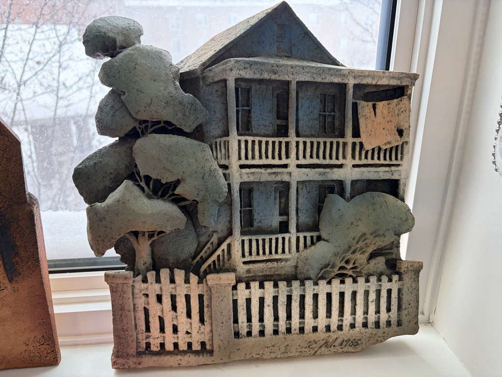 Concrete sculpture of a two-story house with trees and fence (Gill, 1965) - image 1 of 5