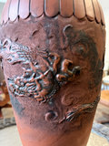 Terracotta vase with dragon relief on wooden stand - thumbnail 4 of 9