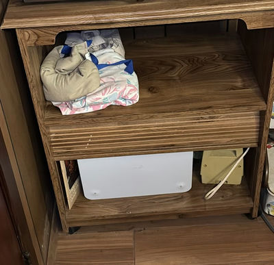 Wooden cabinet with open shelf, drawer, and electronics - Image 1 of 4
