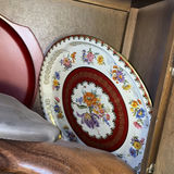 Vintage floral porcelain plates with red center, Daher Decorated Ware plate, and wooden two-compartment serving tray - thumbnail 2 of 8