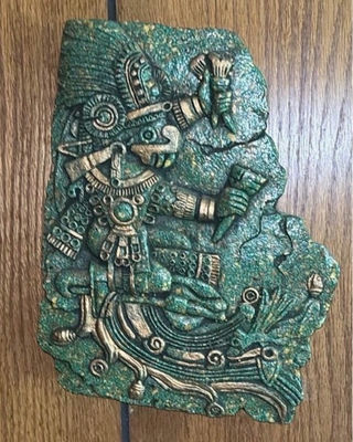 Turquoise carved warrior relief, geometric framed print, and heraldic crest plaque - Image 1 of 5