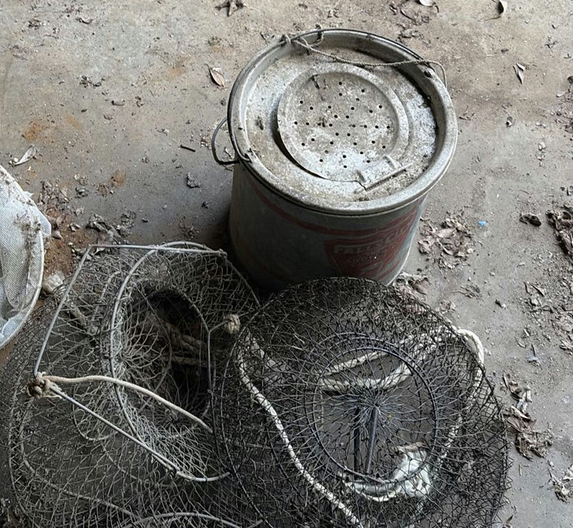 Assorted round wire mesh traps and a landing net - image 3 of 4