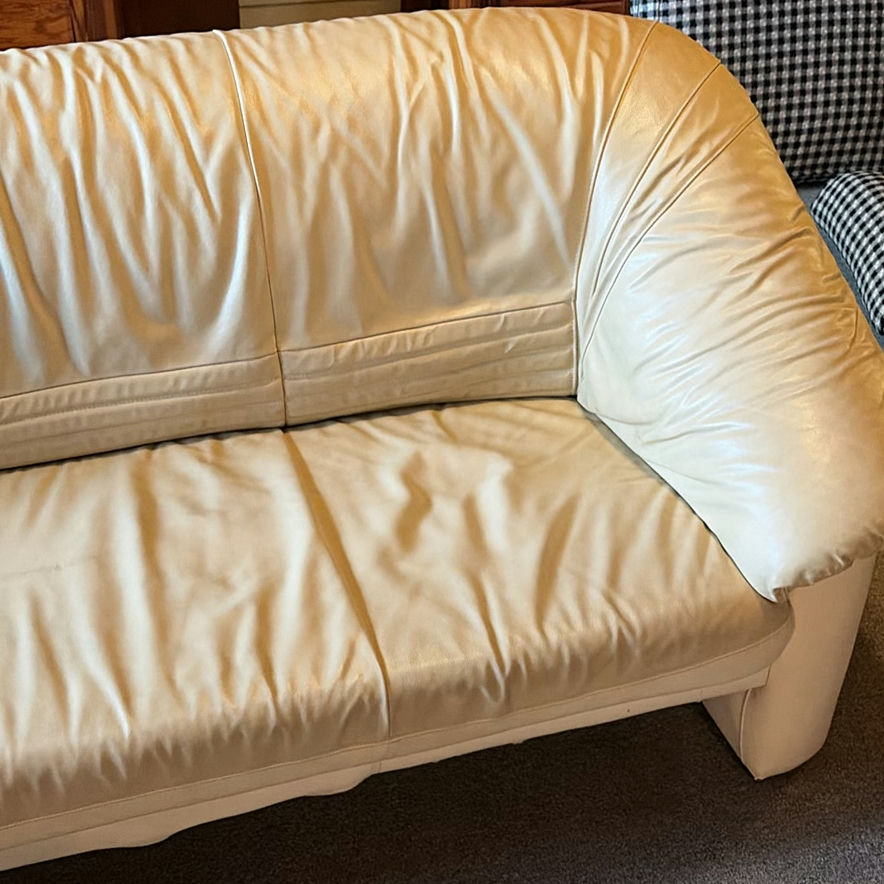 Beige leather sofa and love seat with blue and patterned throw pillows - image 3 of 7