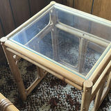 2 Bamboo Rattan Glass-Top Side Tables and Palm-Print Sofa with Orange Cushions - thumbnail 4 of 13