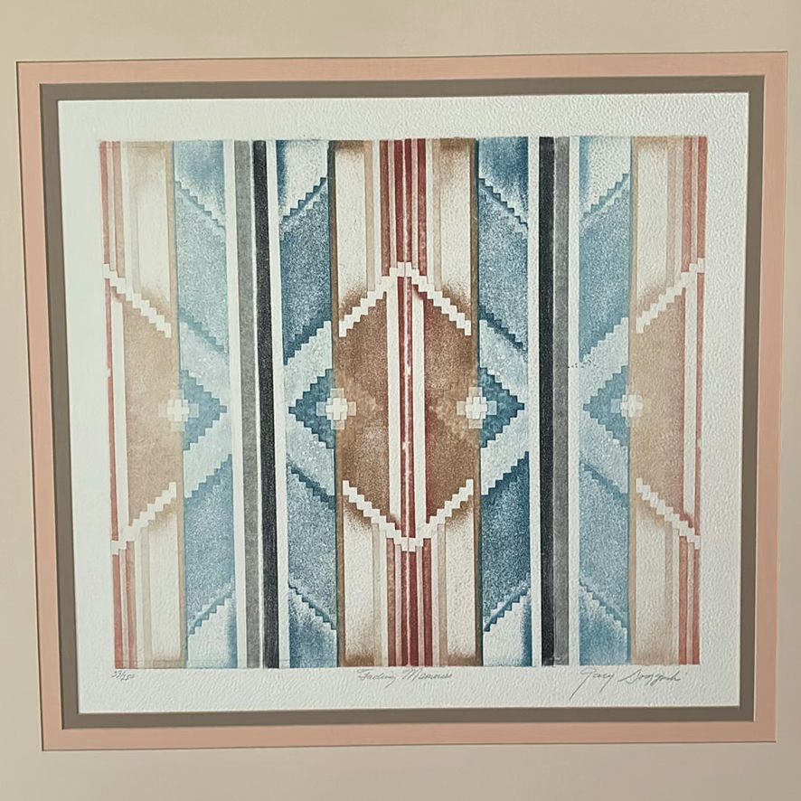 Turquoise carved warrior relief, geometric framed print, and heraldic crest plaque - image 3 of 5