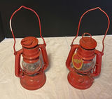 Pair of red vintage Winged Wheel lanterns - thumbnail 1 of 7