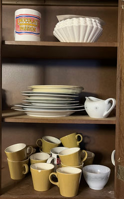 Yellow Mugs, Plates, and Creamer with Filter Cone - Image 1 of 5