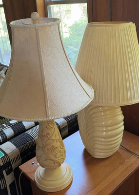 Two Cream-Colored Table Lamps with Distinct Bases - Image 1 of 5