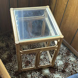 2 Bamboo Rattan Glass-Top Side Tables and Palm-Print Sofa with Orange Cushions - thumbnail 3 of 13