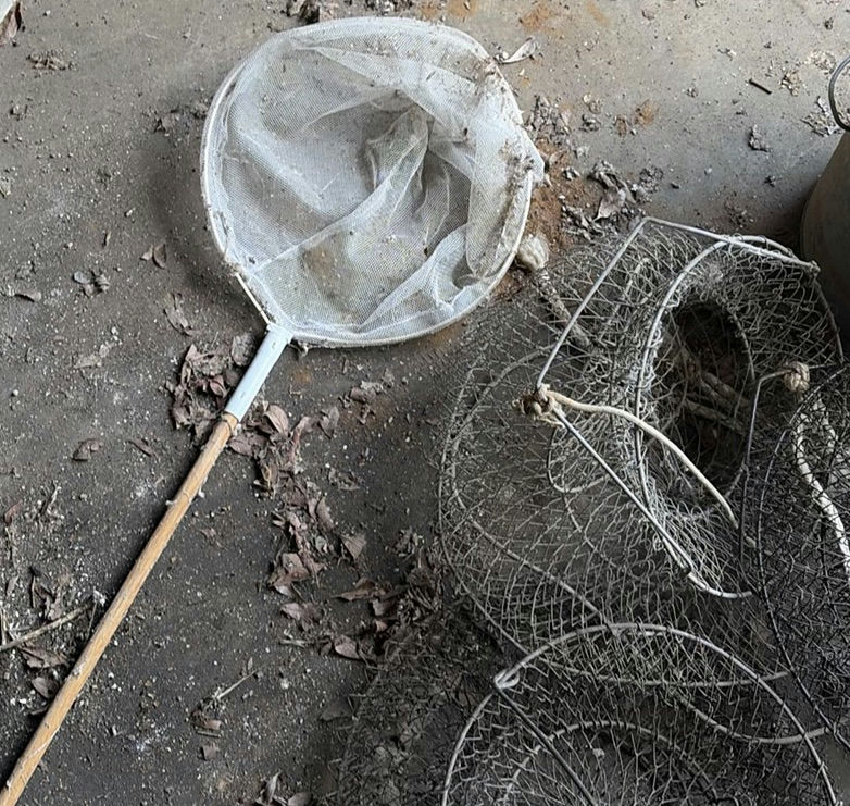 Assorted round wire mesh traps and a landing net - image 4 of 4