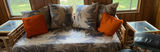 2 Bamboo Rattan Glass-Top Side Tables and Palm-Print Sofa with Orange Cushions - thumbnail 5 of 13