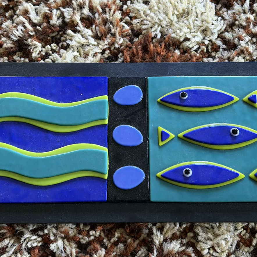 Abstract three-panel wall sculpture with wavy bands and fish motifs - image 2 of 4