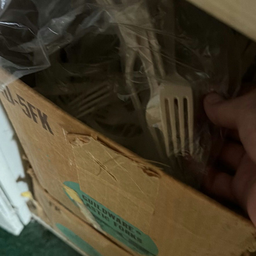 Box of plastic forks and cleaning supplies with miscellaneous household items - image 7 of 7