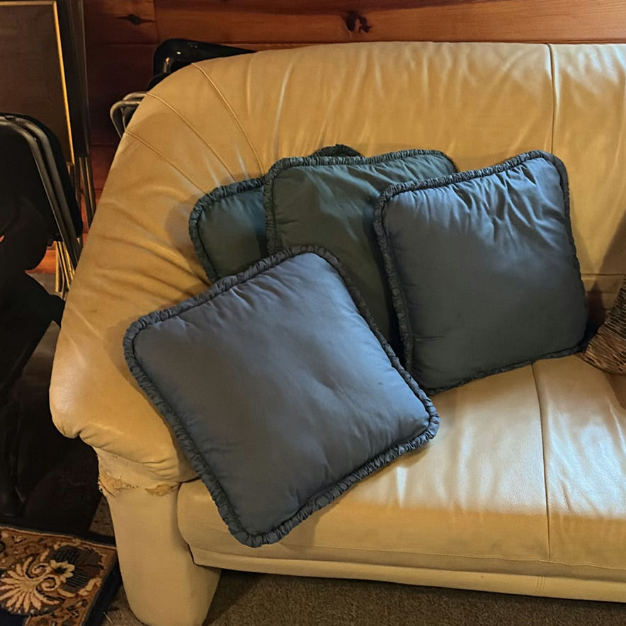 Beige leather sofa and love seat with blue and patterned throw pillows - image 6 of 7