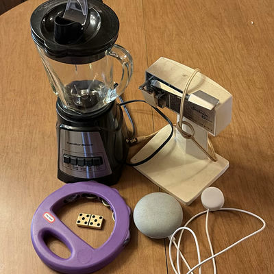 Blender, automatic can opener, purple circular device with dice, and assorted small electronics - Image 1 of 7