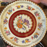 Vintage floral porcelain plates with red center, Daher Decorated Ware plate, and wooden two-compartment serving tray - thumbnail 5 of 8