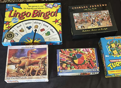 Assorted Board Games, Jigsaw Puzzles, Dominoes, and Trading Card Pack - Image 1 of 9