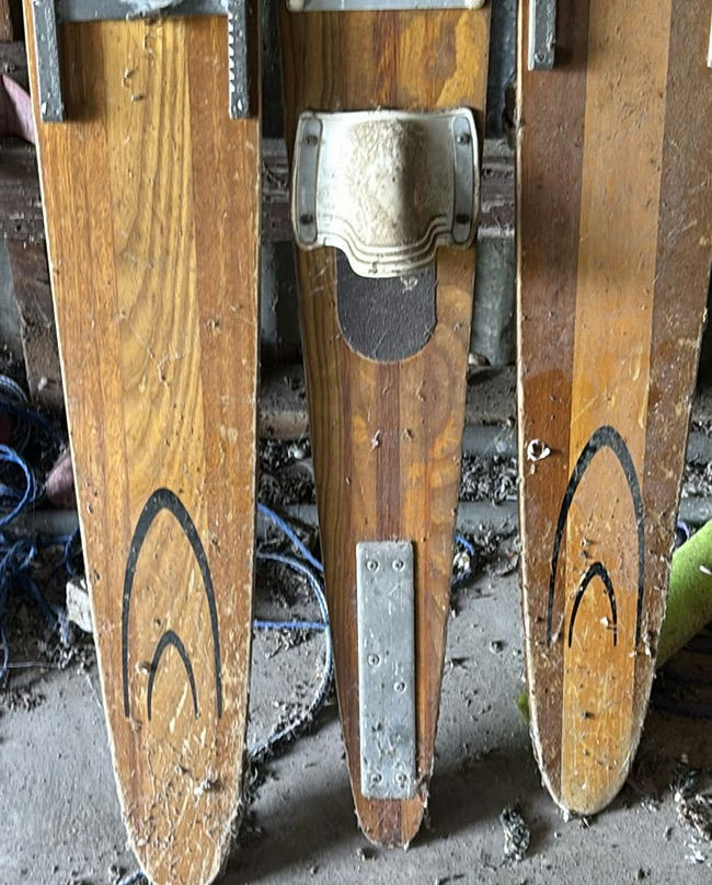 Set of three vintage wooden skis with bindings - image 4 of 4