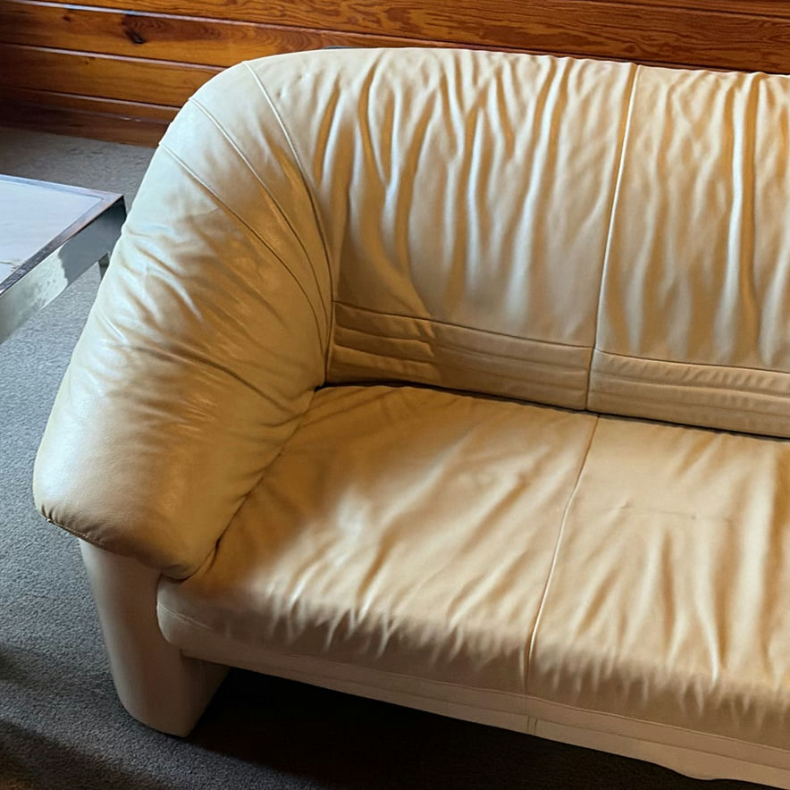 Beige leather sofa and love seat with blue and patterned throw pillows - image 2 of 7