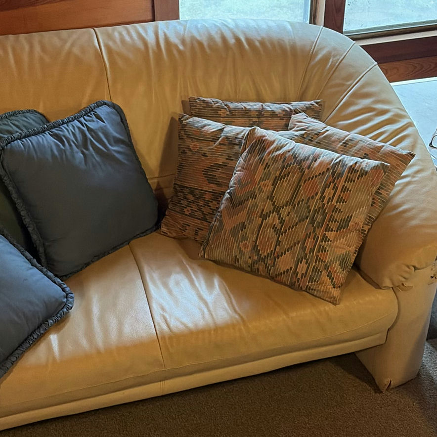 Beige leather sofa and love seat with blue and patterned throw pillows - image 7 of 7